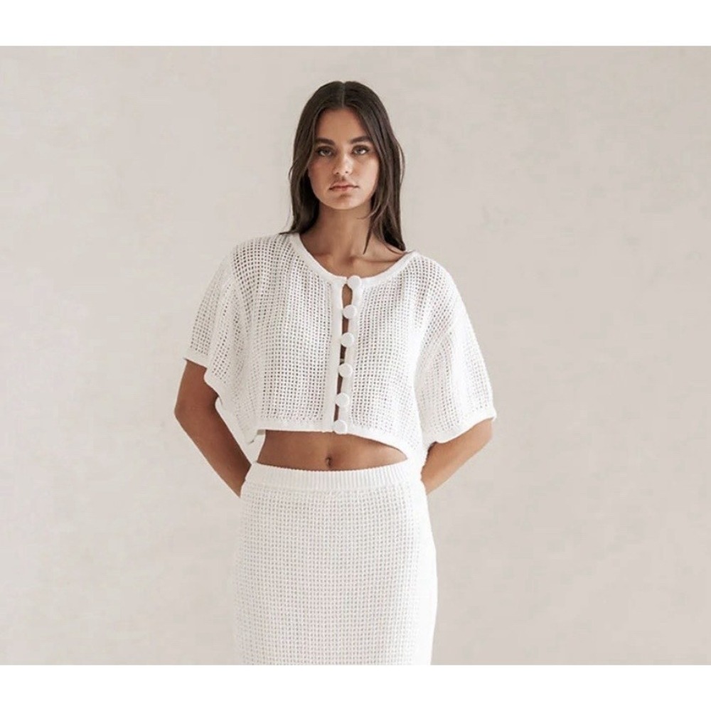 Sabo Skirt Crochet Knit 2 Piece Set Womens Small Cream Button Crop Top Shorts - Picture 11 of 11